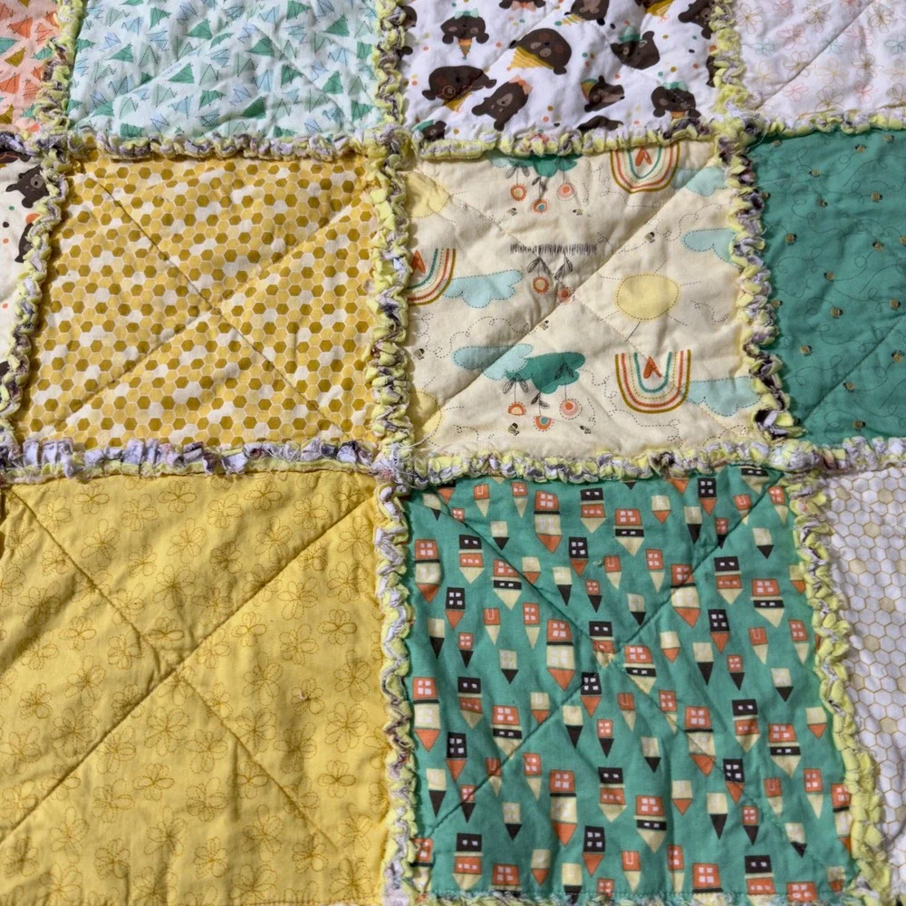 Handmade Women Cotton Rag Quilt 62x72 Multicolor Woodland Bear Patchwork Blanket
